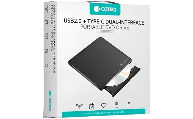 COTECi USB 2.0 + Type-C Dual Interface Mobile DVD Burning Optical Drive - Black